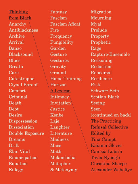 Thinking from Black: A Lexicon by The Practicing Refusal Co (Author), Tina Campt (Editor), Kaiama L. Glover (Editor), Canisia Lubrin (Editor), Tavia Nyong’o (Editor), Christina Sharpe (Editor), Alexander Ghedi Weheliye (Editor)
