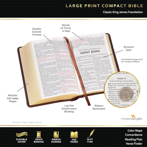 KJV Holy Bible, Compact Large Print Faux Leather Red Letter Edition - Ribbon Marker, King James Version, Medium Brown