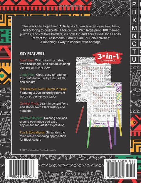Black Heritage 3-in-1 Activity Book: Word Search, Trivia Adventure, and Coloring My Culture by Gregory Perkins